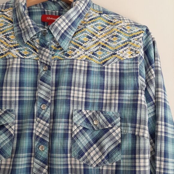PANHANDLE | Embroidery Pearl Snap Button Down Western Shirt Blue Plaid L Flawed - Picture 4 of 16